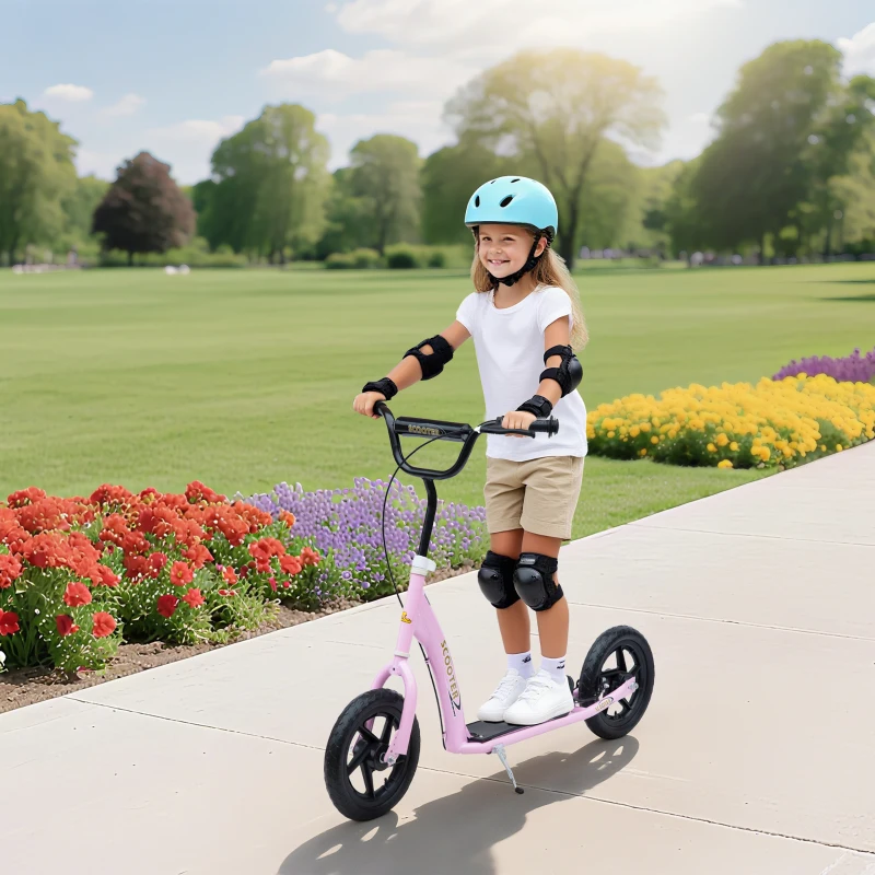 Girl wearing helmet riding pink scooter along park walkway.