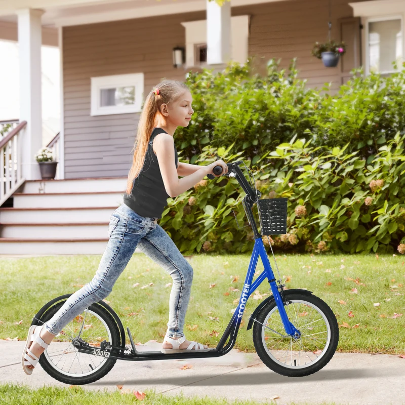 Girl riding blue kick scooter with front basket on garden pathway.