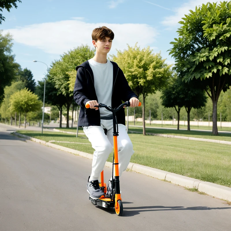 Teen riding orange electric scooter on sunny street lined with trees.