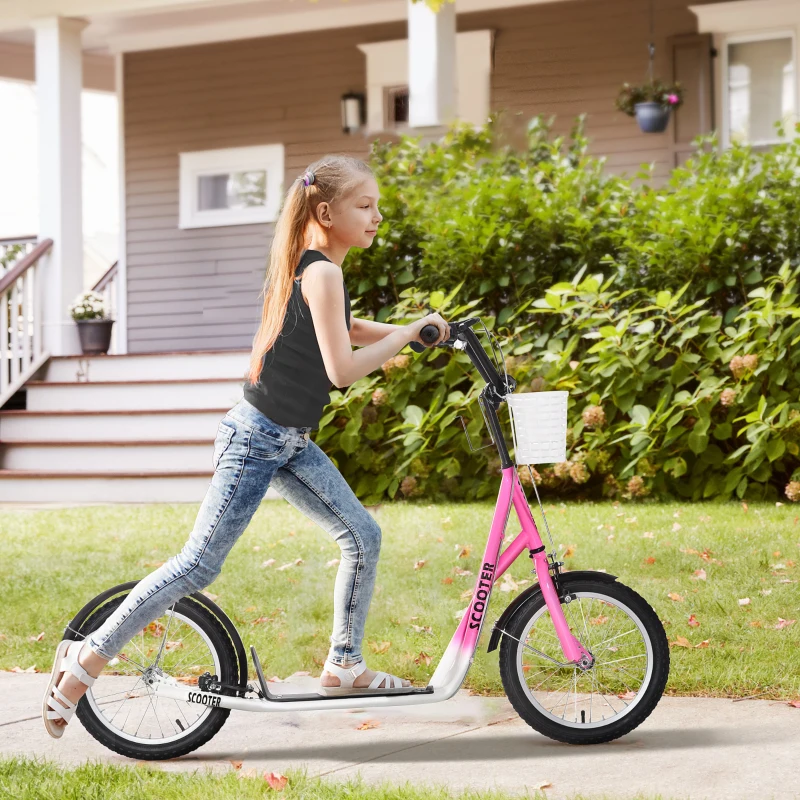 Girl enjoying outdoor ride on pink kick scooter with front basket.