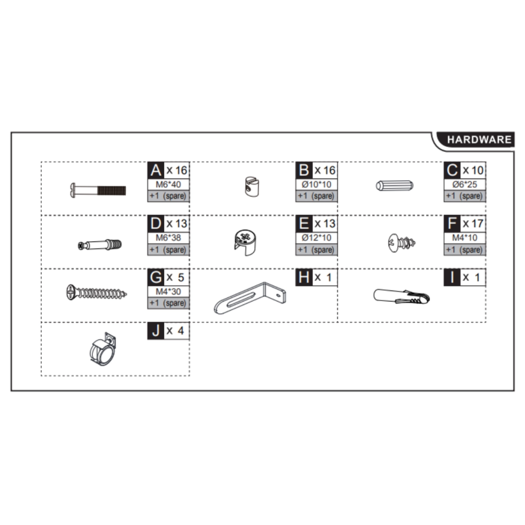 Hardware components and screw types for Qaba 3-Tier Kids Bookcase assembly