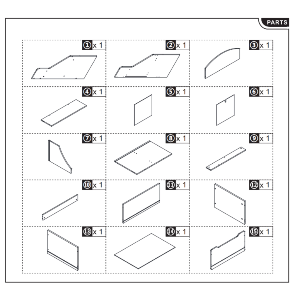Parts diagram showing labeled panels for Qaba 3-Tier Kids Bookcase assembly