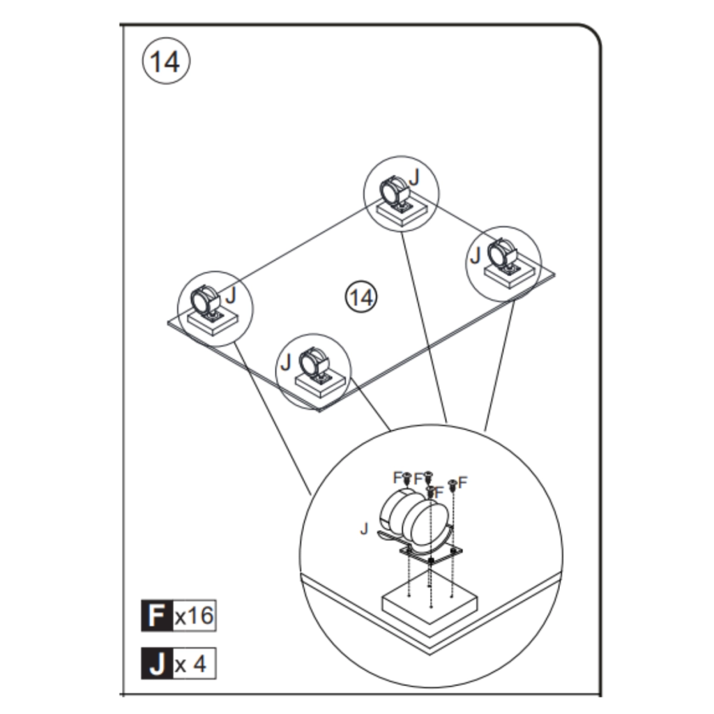Securing four wheels to the drawer base with screws
