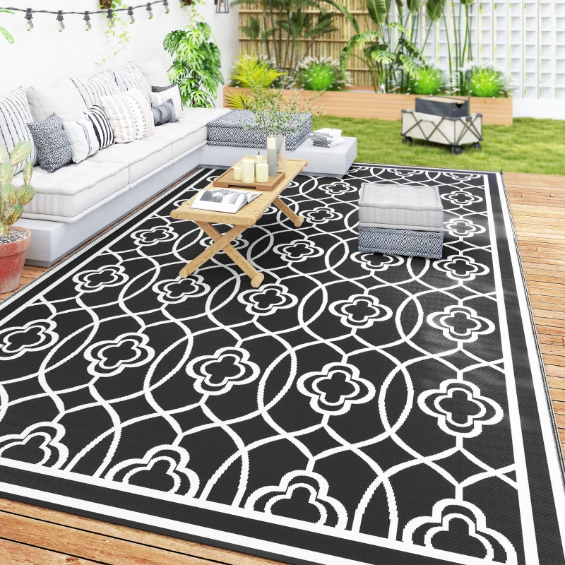 Black and white lantern design RV rug used for family camping