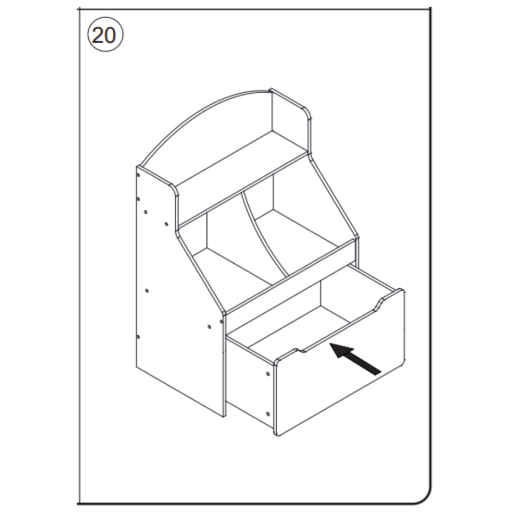 Sliding completed drawer into lower compartment of bookcase frame