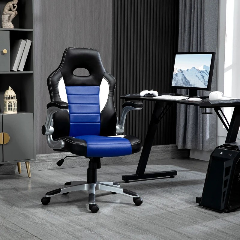 Sleek black ergonomic gaming chair setup with dual monitor desk