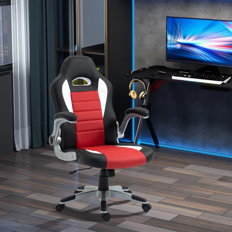 Red, white and black ergonomic racing chair in modern gaming workspace