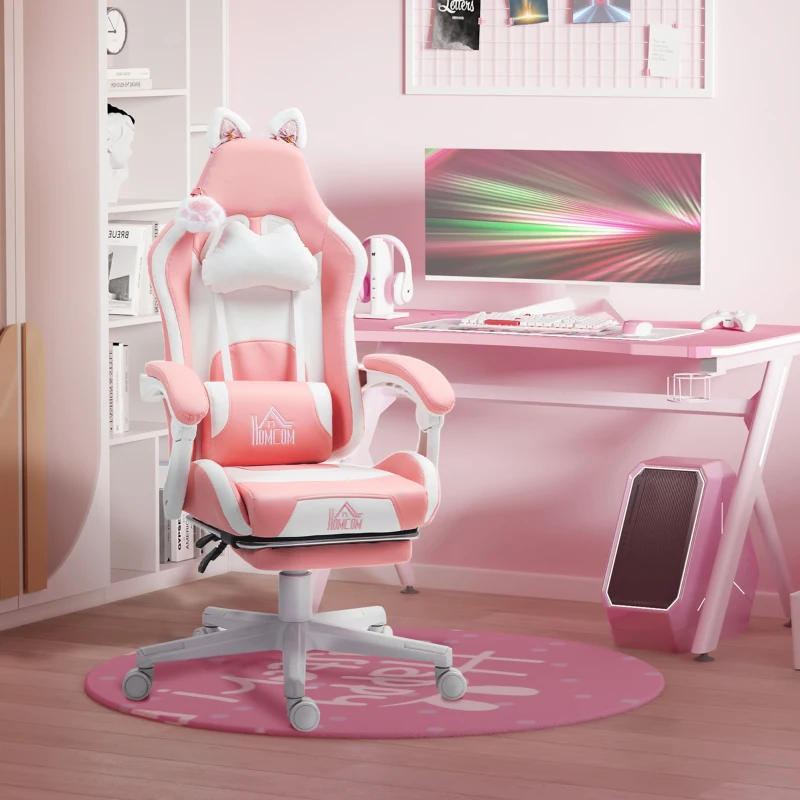 Pink and white gaming chair with footrest in pastel-themed setup