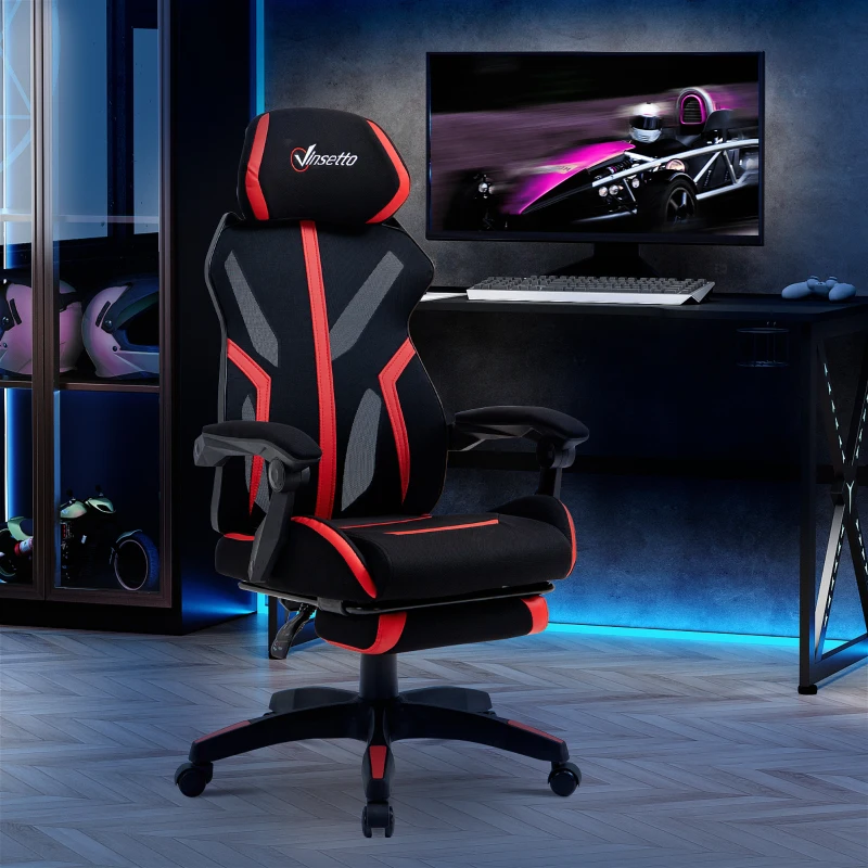 Black and red racing recliner chair in LED-lit gaming room