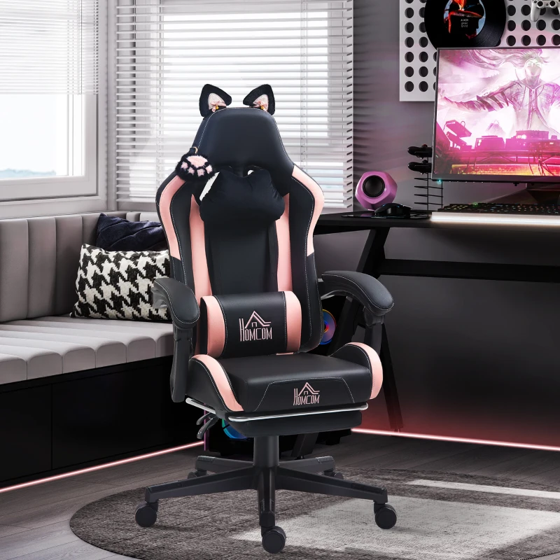 Black gaming chair with pink accents in dark LED-lit room