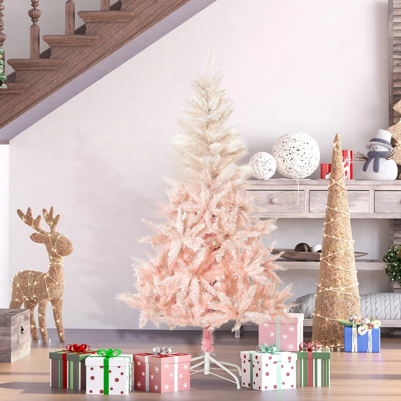 Soft pink and white Christmas tree surrounded by wrapped holiday gifts.