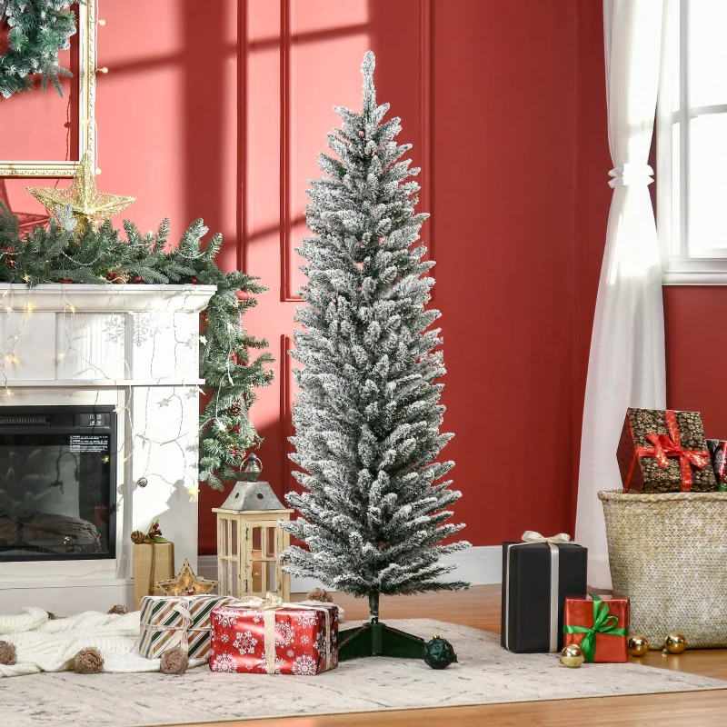 Slim snow-flocked Christmas tree beside fireplace with wrapped presents.