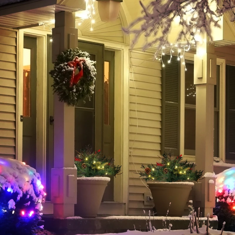 Two small pre-lit Christmas trees glowing at a snowy front porch.