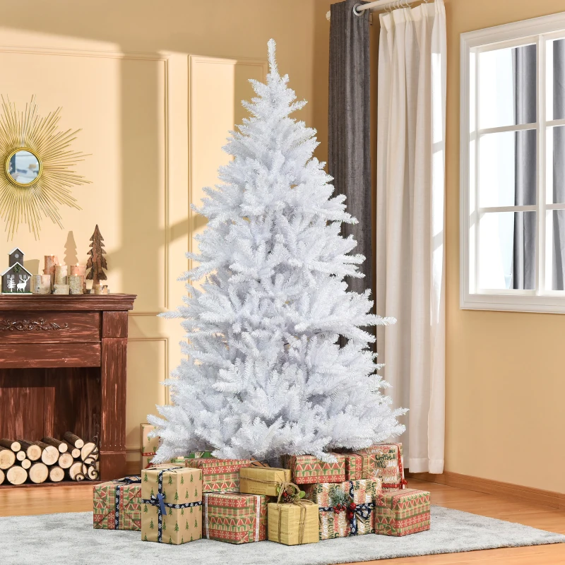 Full white artificial Christmas tree surrounded by festive wrapped presents.