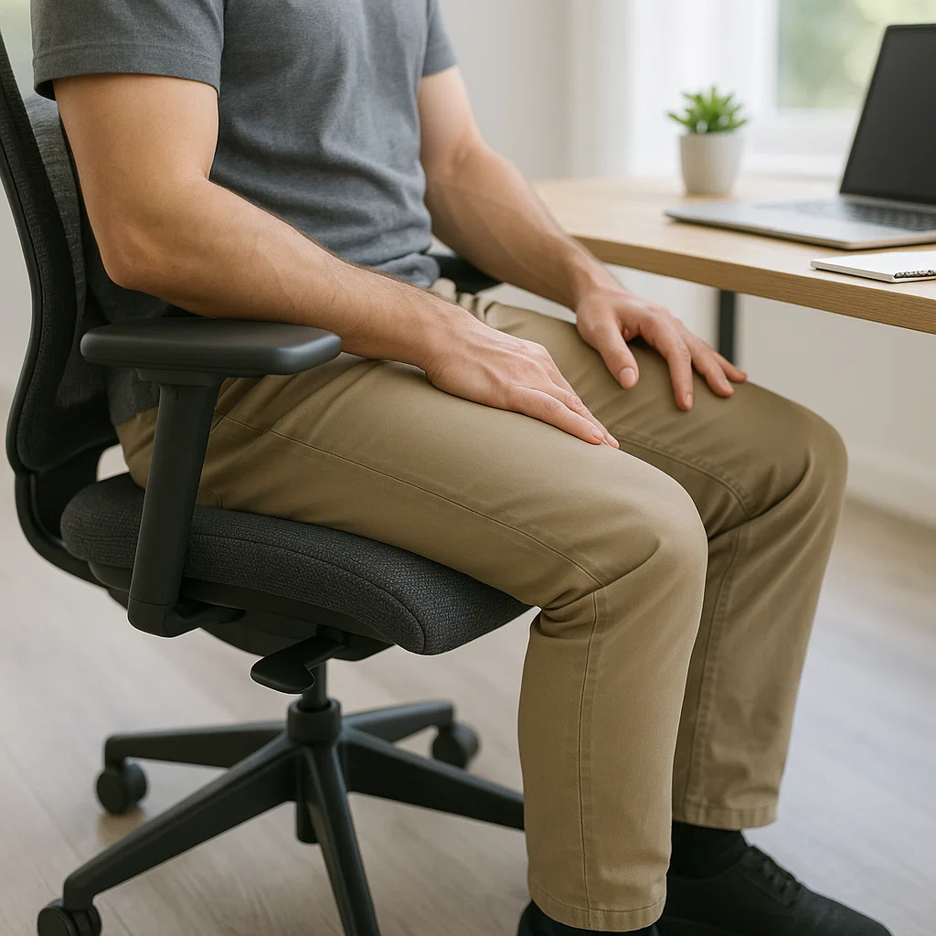  Close-up of seated man’s legs showing proper ergonomic posture