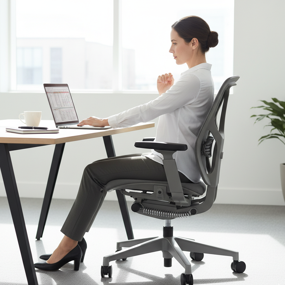 Woman sitting in ergonomic chair typing at desk with upright posture
