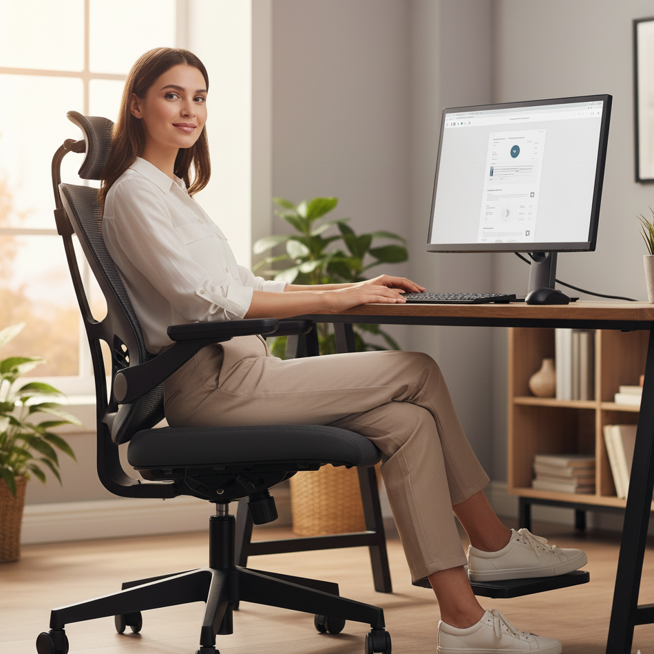 Woman working comfortably at computer in bright, ergonomic office setup