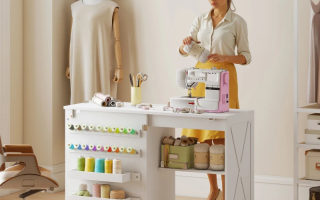 Modern sewing machine cabinet setup showcasing organized craft workspace