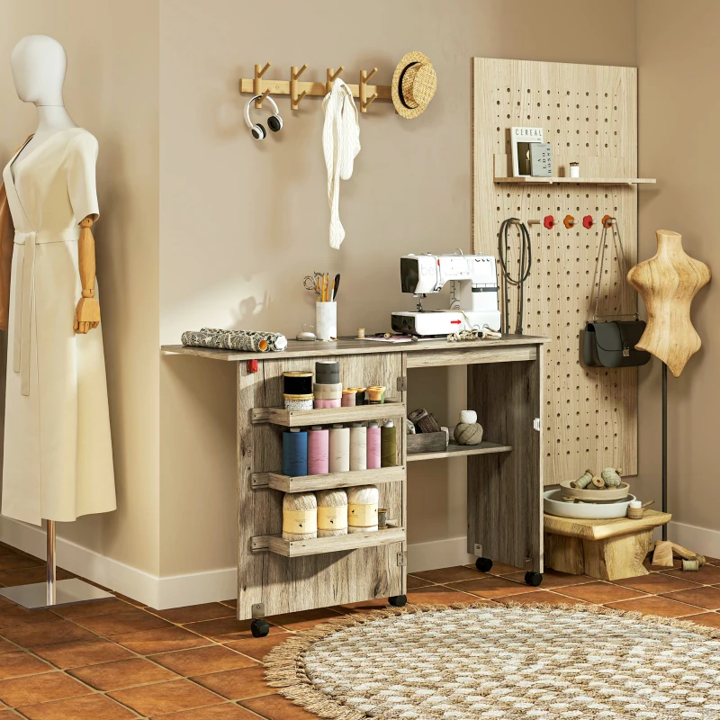 Woman using folding sewing machine cabinet with organized thread racks