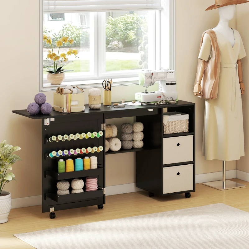 Black rolling sewing cabinet with drawers, bins, and thread spools