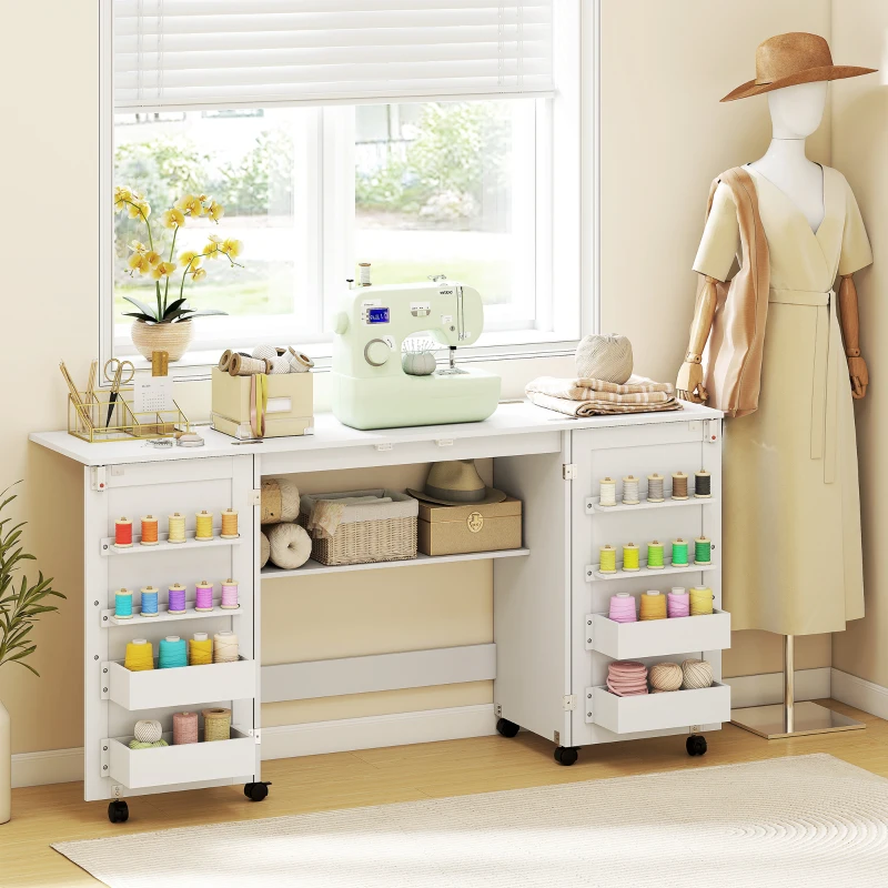 Spacious white sewing table with colorful threads and mannequin