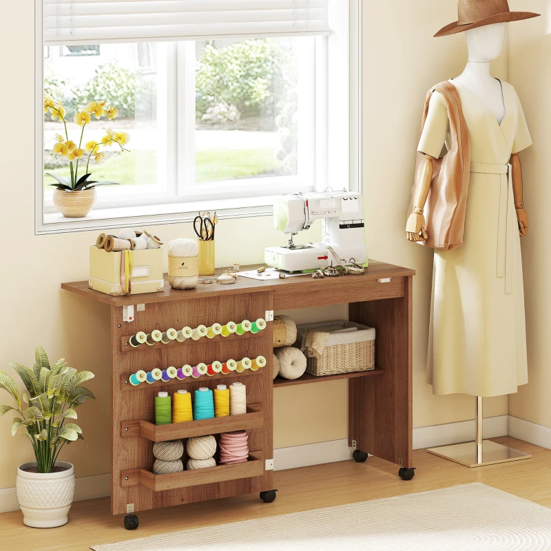 Natural wood farmhouse sewing cabinet in cozy craft corner