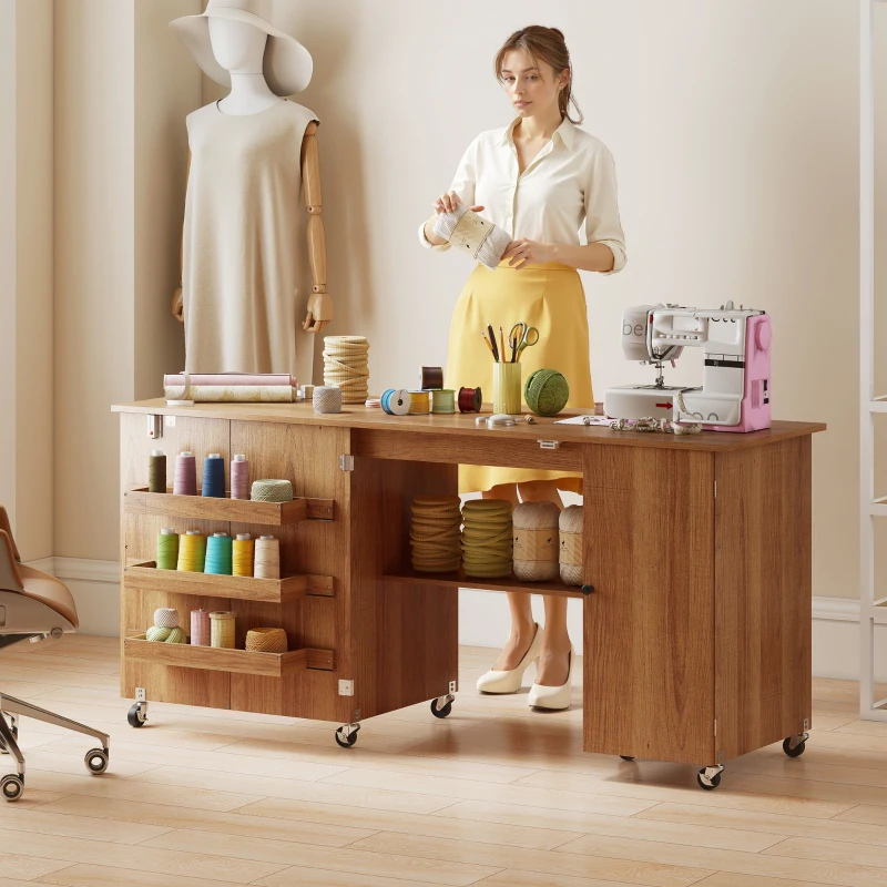 Woman crafting beside brown multi-storage folding sewing cabinet