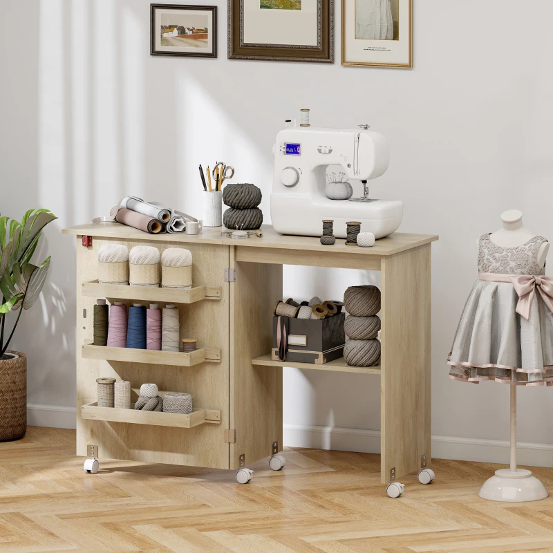 Light wood sewing machine cabinet with shelves and fabric rolls