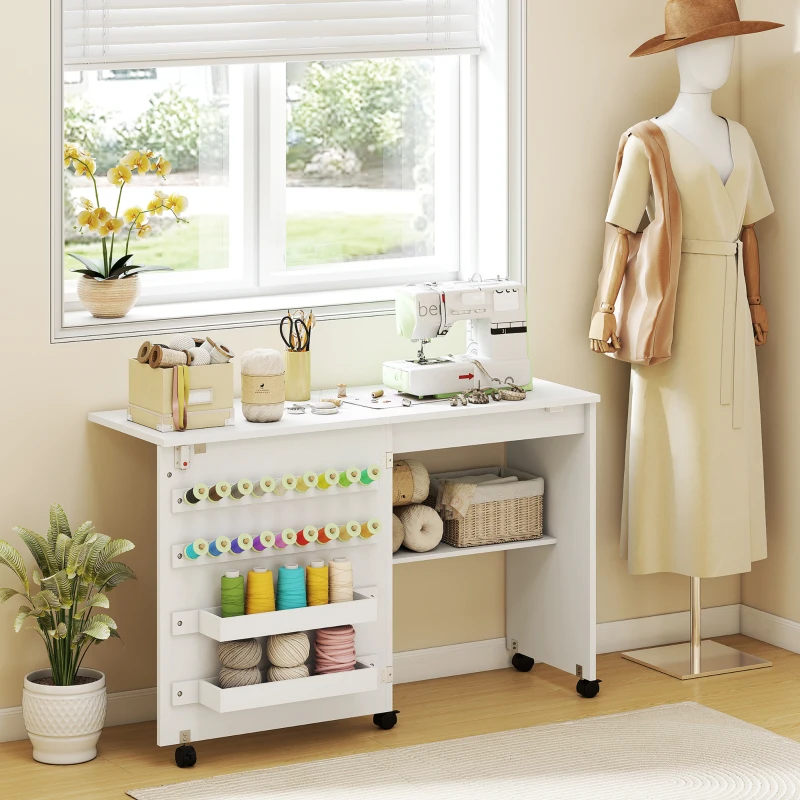 White dual-tone sewing cabinet beside mannequin and window light