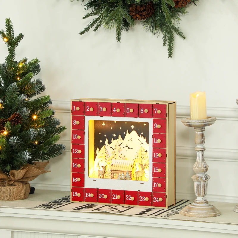 Wooden lighted advent calendar with Christmas trees, wreath, and candle décor.