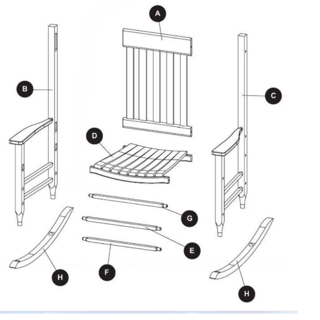 Wooden rocking chair parts including backrest, seat, arms, and rockers.