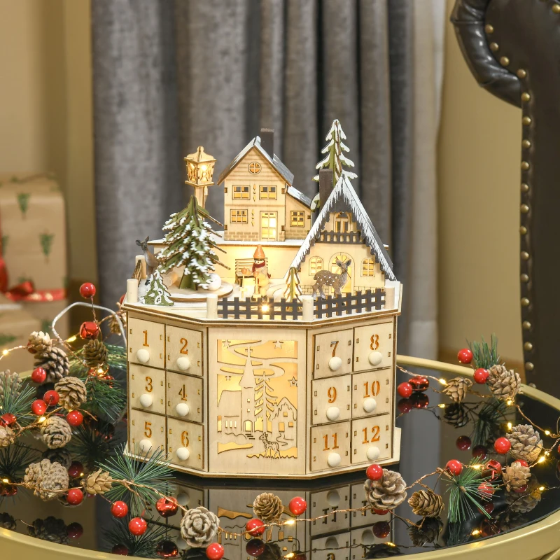 Wooden house-shaped advent calendar decorated with pinecones and Christmas lights.