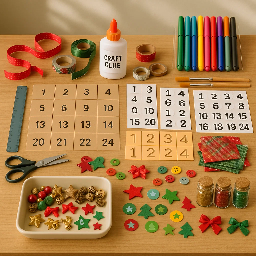 Craft table with glue, scissors, ribbons, markers, and advent calendar numbers.