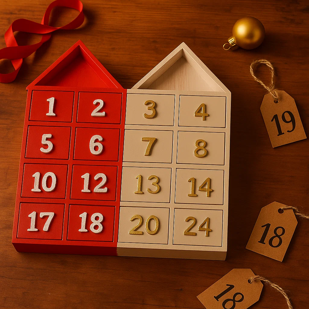 Red and beige wooden advent calendar with numbered drawers and gift tags.