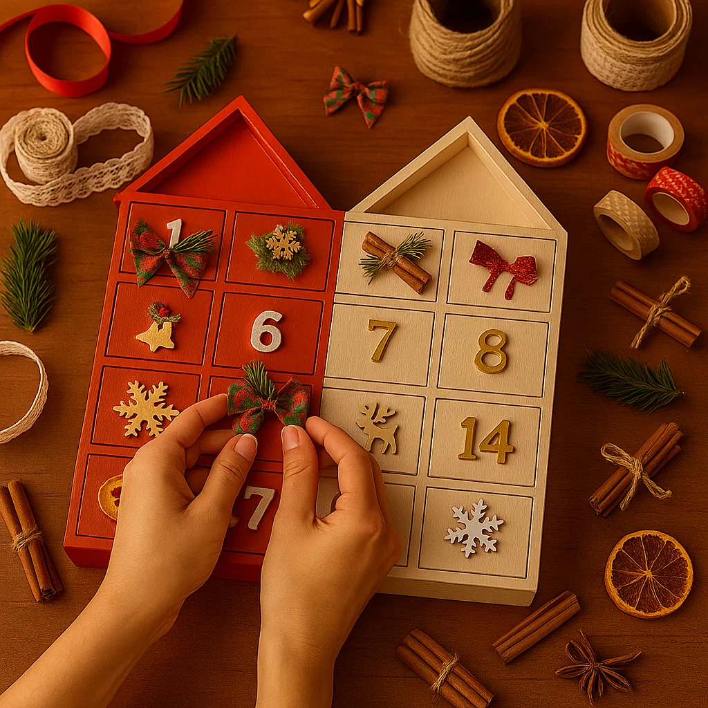 Hands adding festive bows and greenery to red and beige advent calendar.