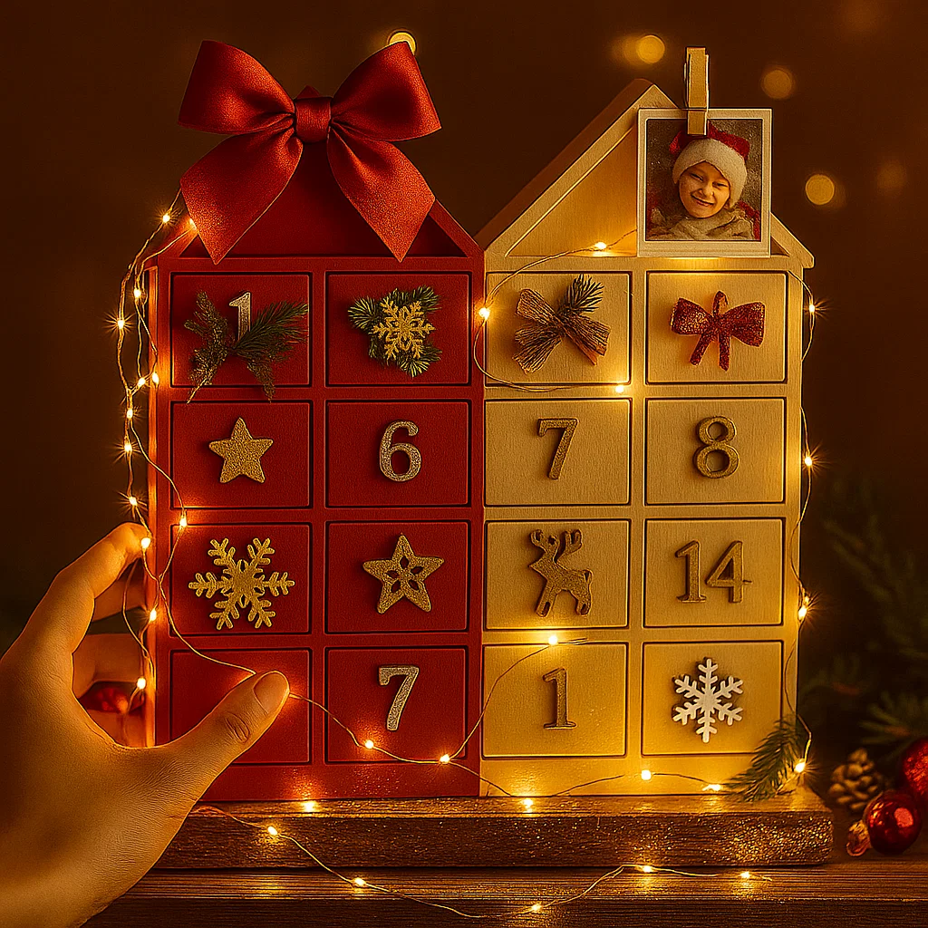 Hand decorating wooden advent calendar with red bow and LED fairy lights.