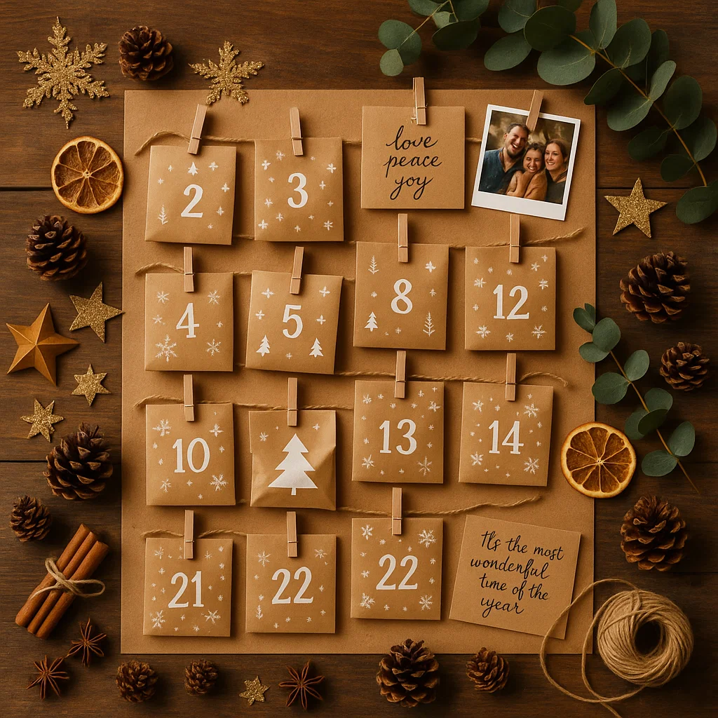 DIY kraft paper advent calendar with numbered envelopes, pinecones, and photos.