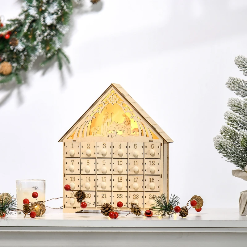 Lighted wooden advent calendar on mantel with pinecones and holiday garland.