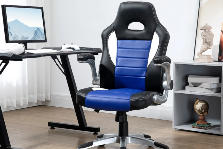 Black and blue HOMCOM racing gaming chair beside modern desk