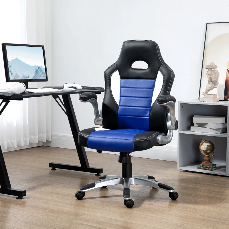 Black and blue HOMCOM racing gaming chair beside modern desk