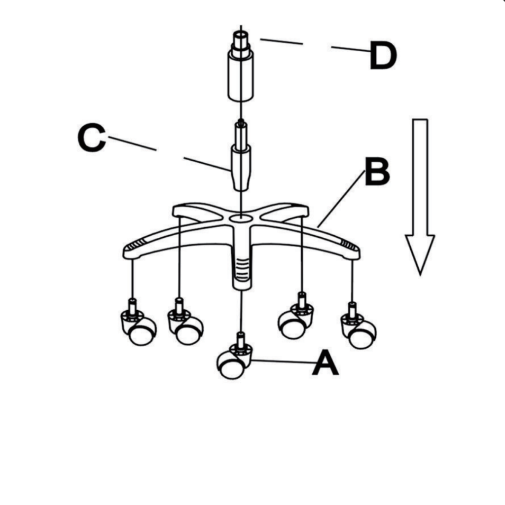 Insert casters into chair base and attach gas lift.