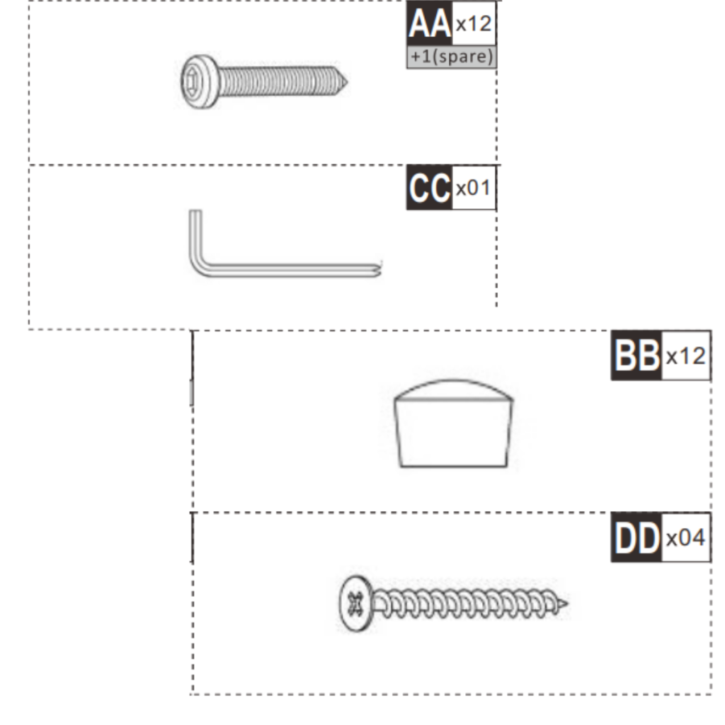 Set of bolts, screws, caps, and Allen key for assembly.