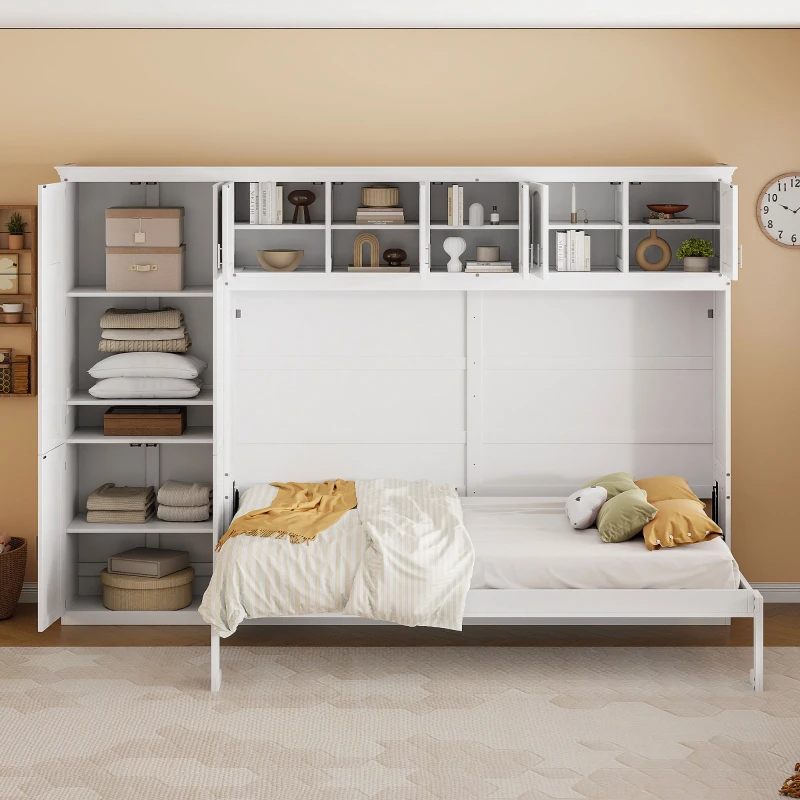 Compact Murphy bed unit combining bed and storage system.