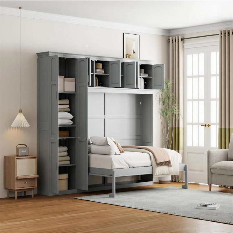 Cozy Murphy bed with soft grey bedding in bright room.