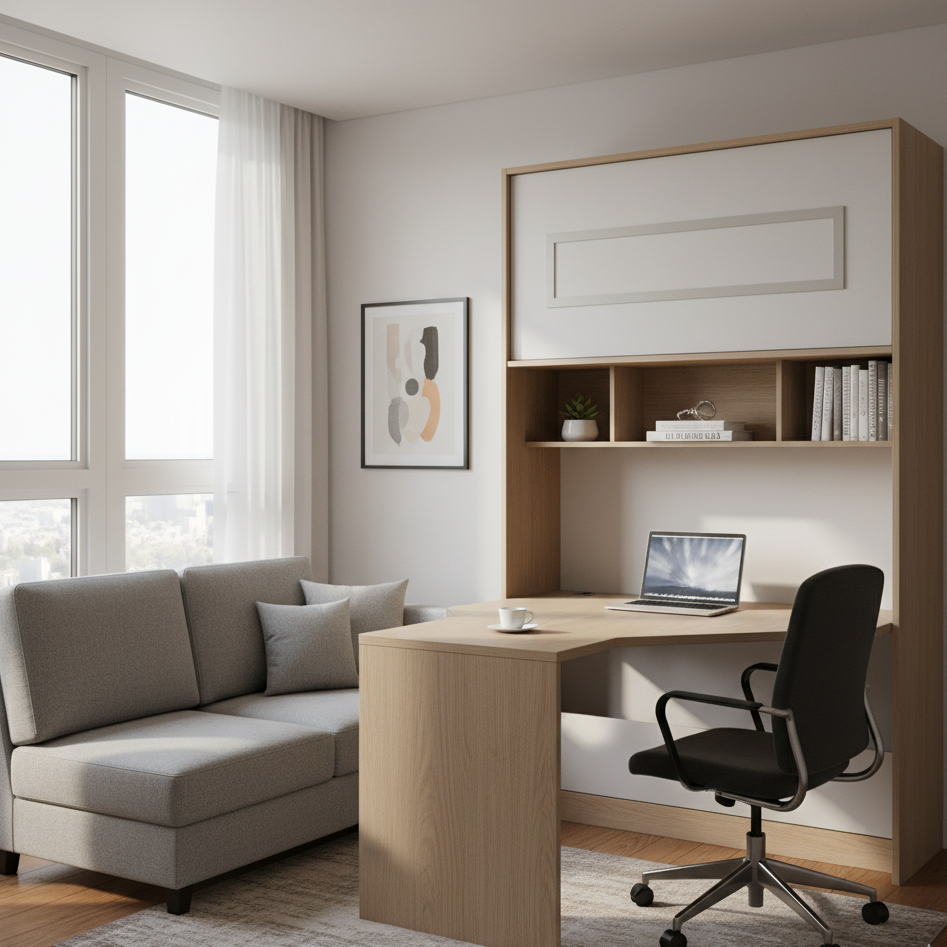 Convertible Murphy bed showing closed and open positions.