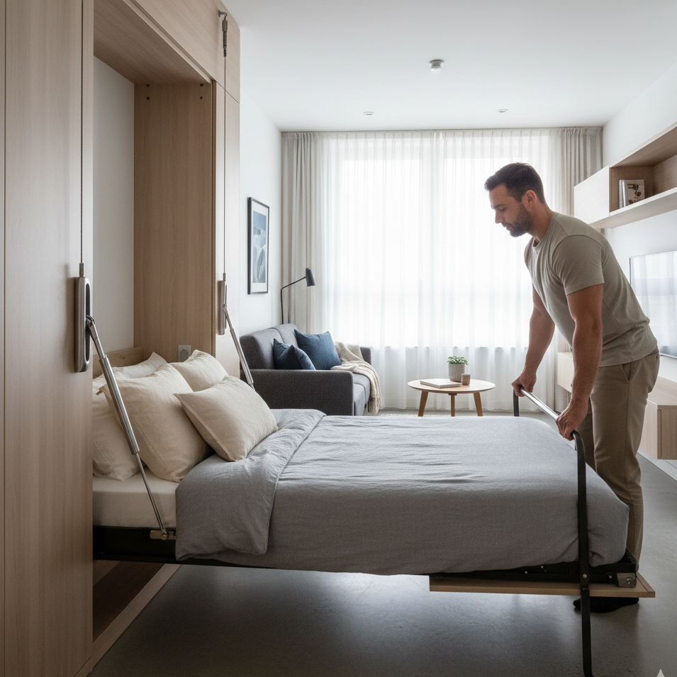Man lowering wall bed smoothly with hydraulic support.