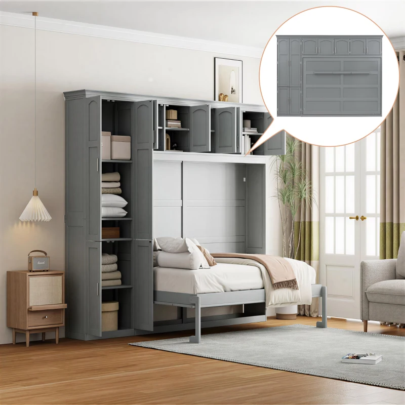 Murphy bed with side wardrobes and open storage shelves.