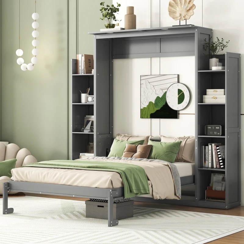 Murphy bed with built-in desk in small modern office.