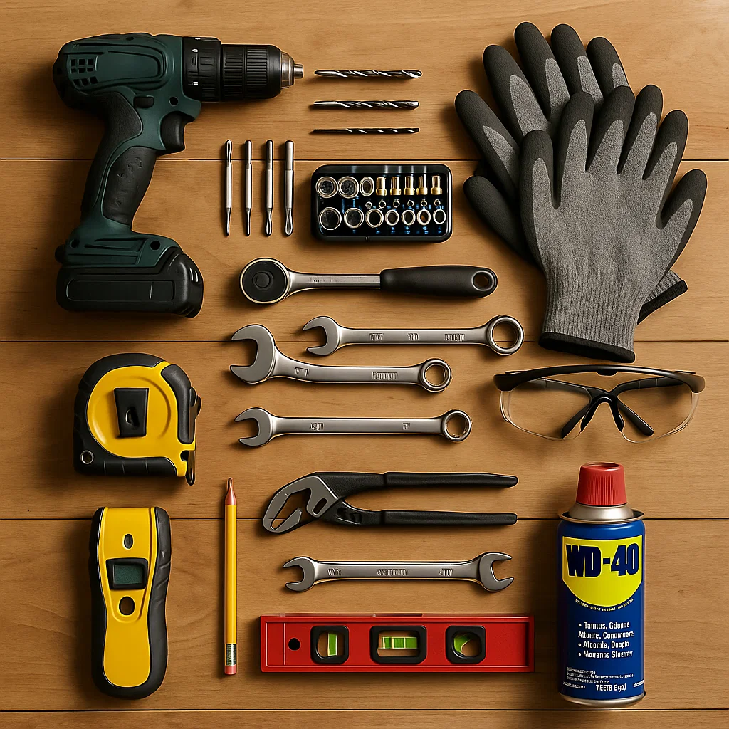 Essential Murphy bed installation tools and hardware neatly arranged.