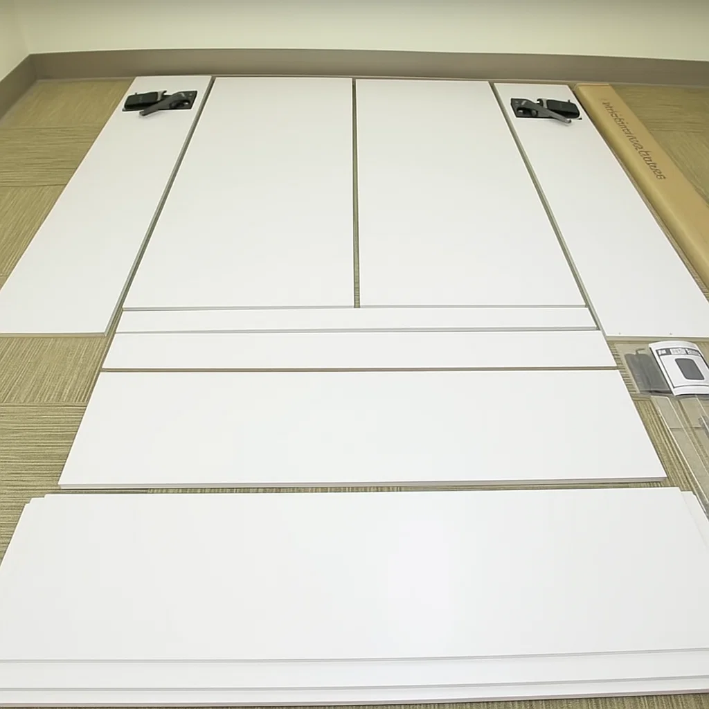 Murphy bed panels and hardware organized before installation.